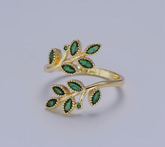 Crystal Green Leaf Gold Ring